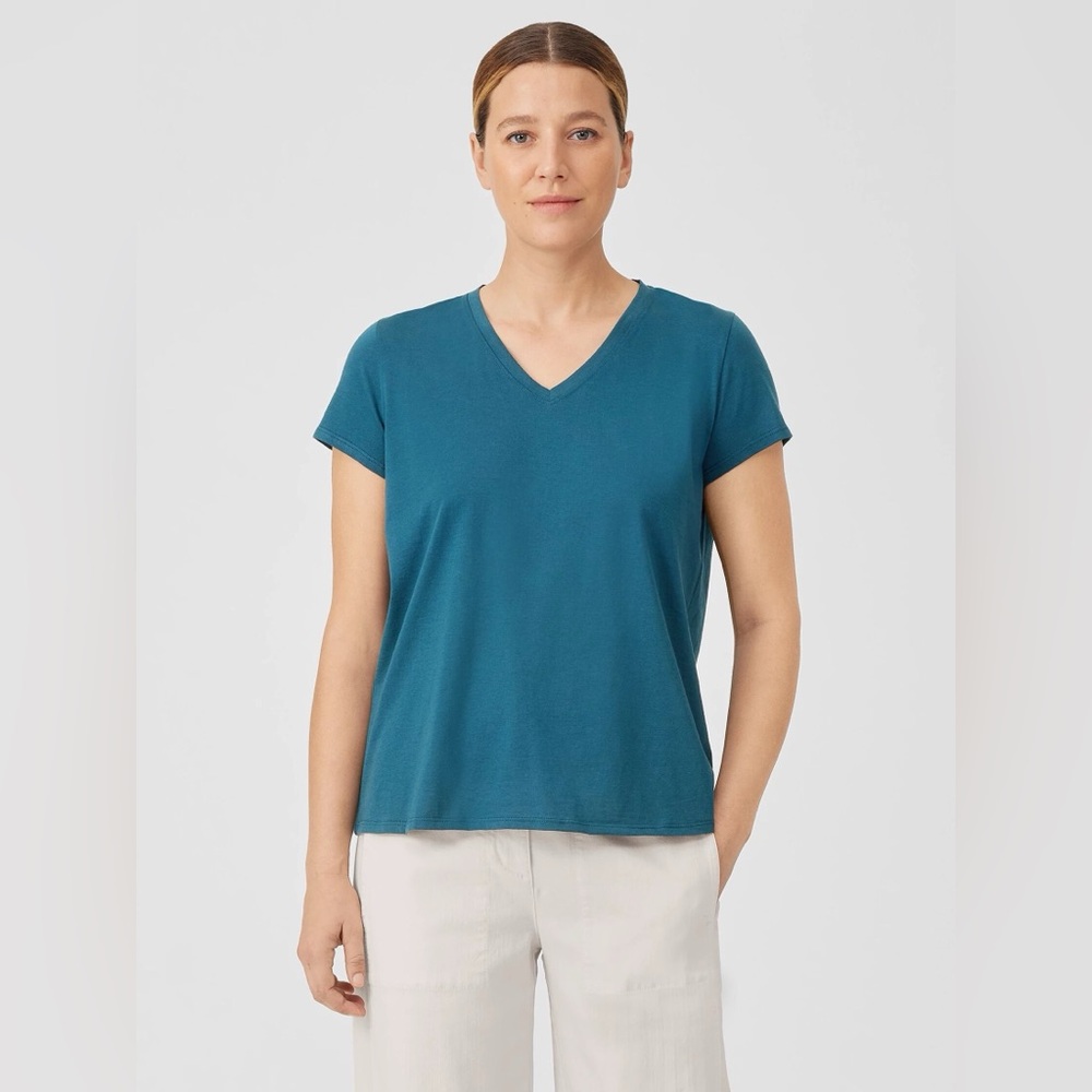 NWT $78 Eileen Fisher Blue Spruce Organic Cotton V-Neck Tee Top